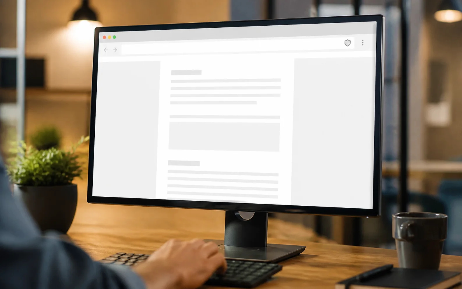 A desktop browser displaying a clean generic reading page with a shield symbol